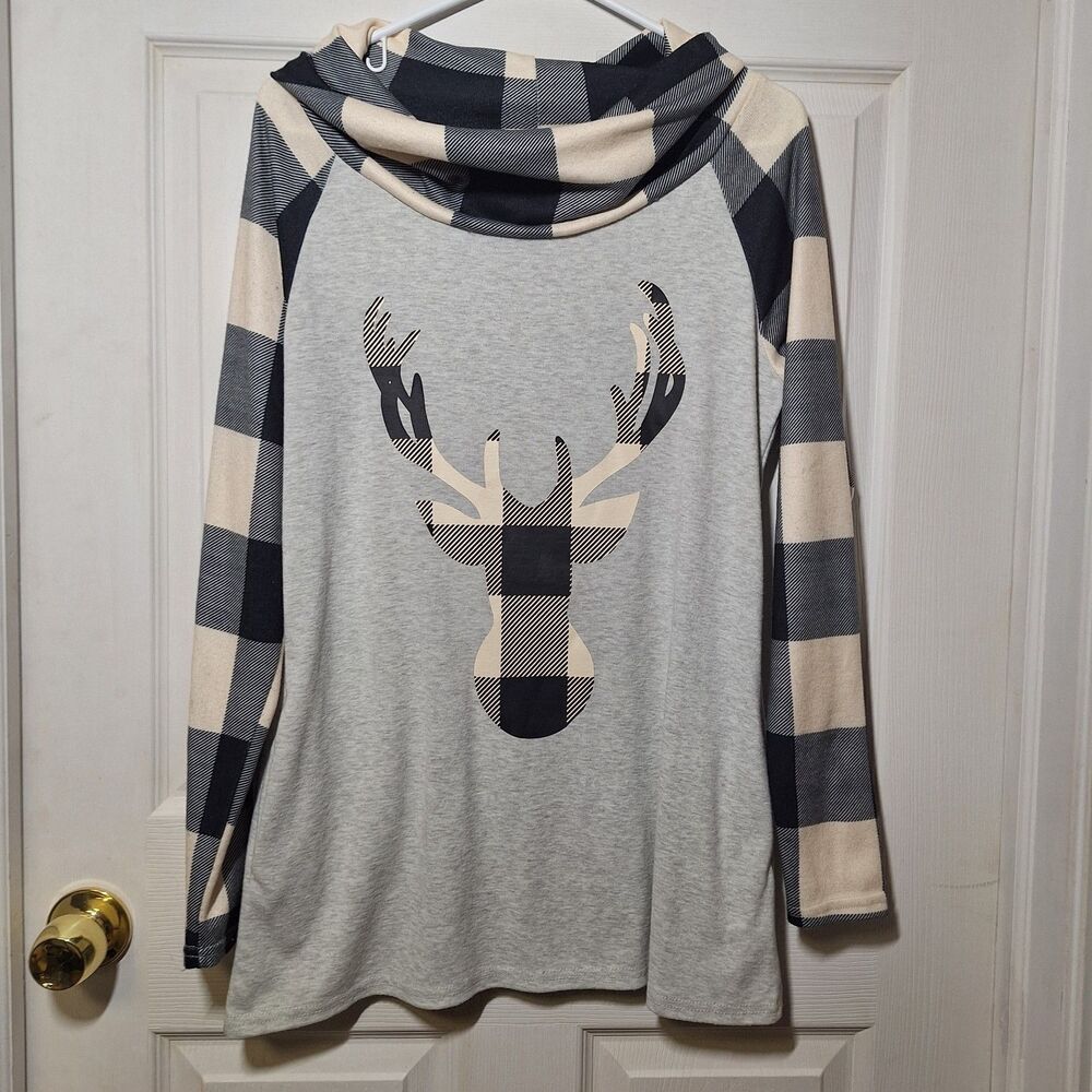 For G and PL Black White Plaid Grey Cowl Neck Deer Graphic Print Sweater Size S